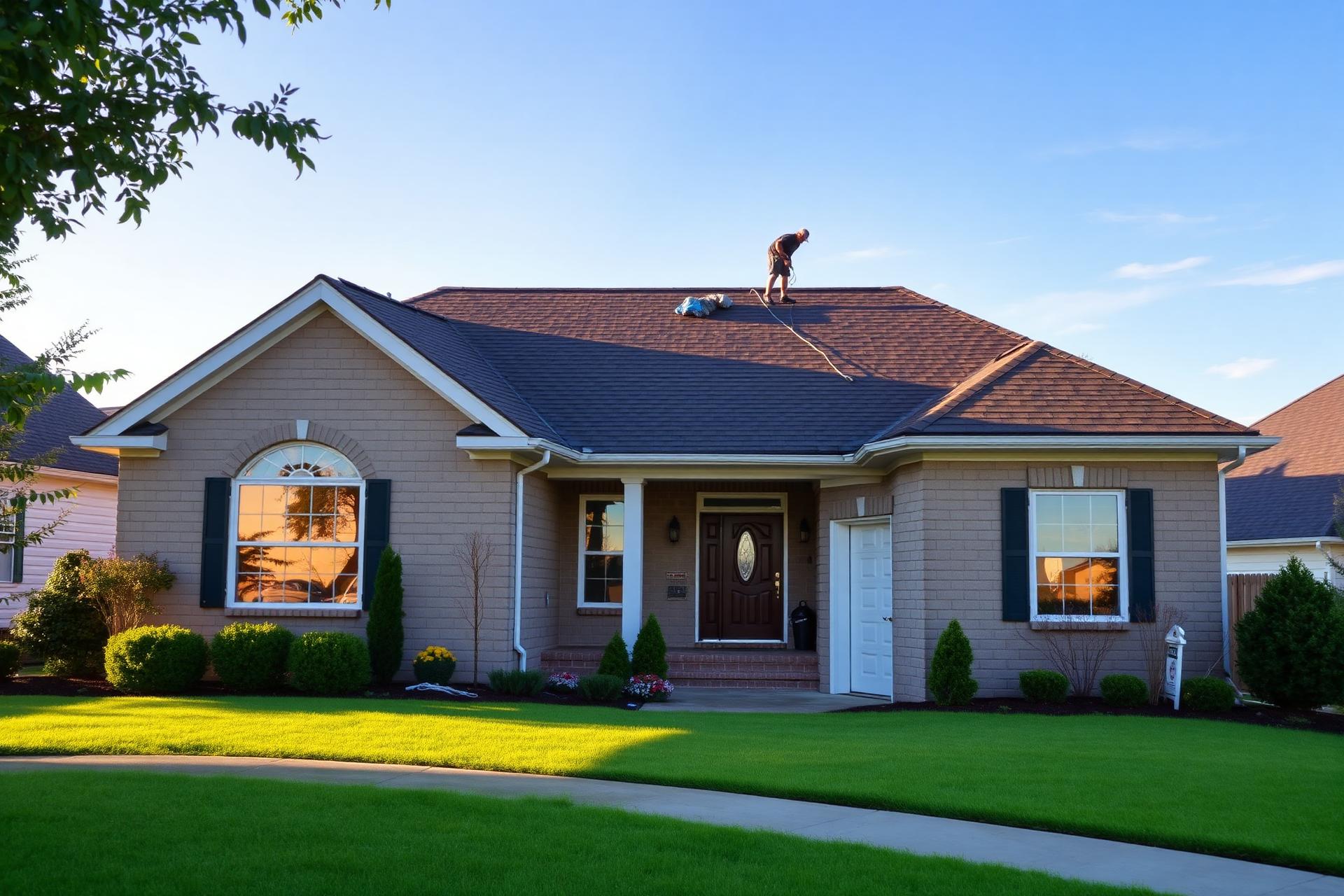Licensed roofer working on a beautiful suburban home at golden hour